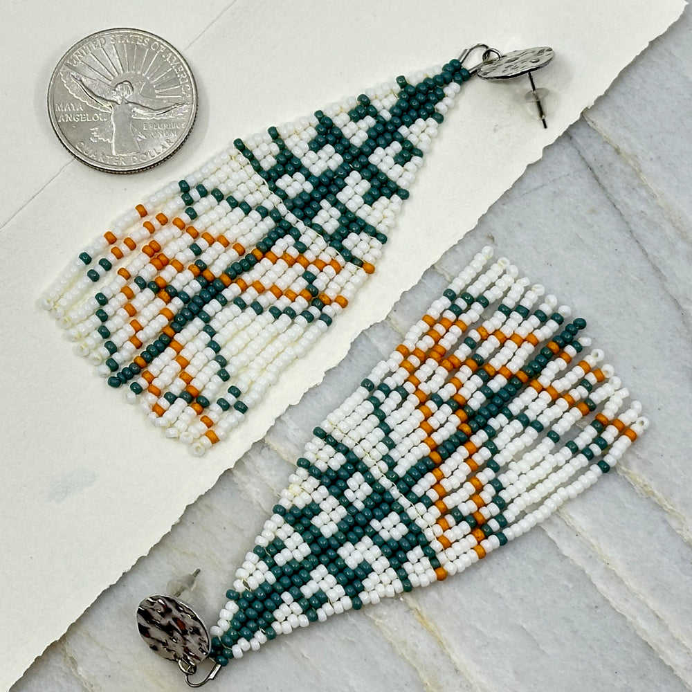Aurum Shimmer's Abstract Beaded Pine Fringe Earrings with Stainless Steel Posts, with scale