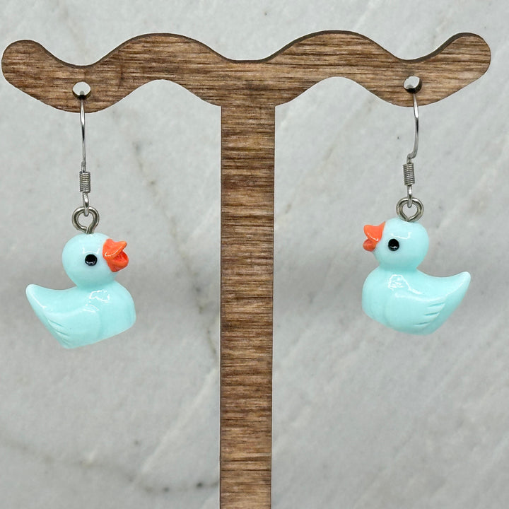 Pair of Duck Earrings with Stainless Steel Ear Wires by Woodland Goth Creations, blue