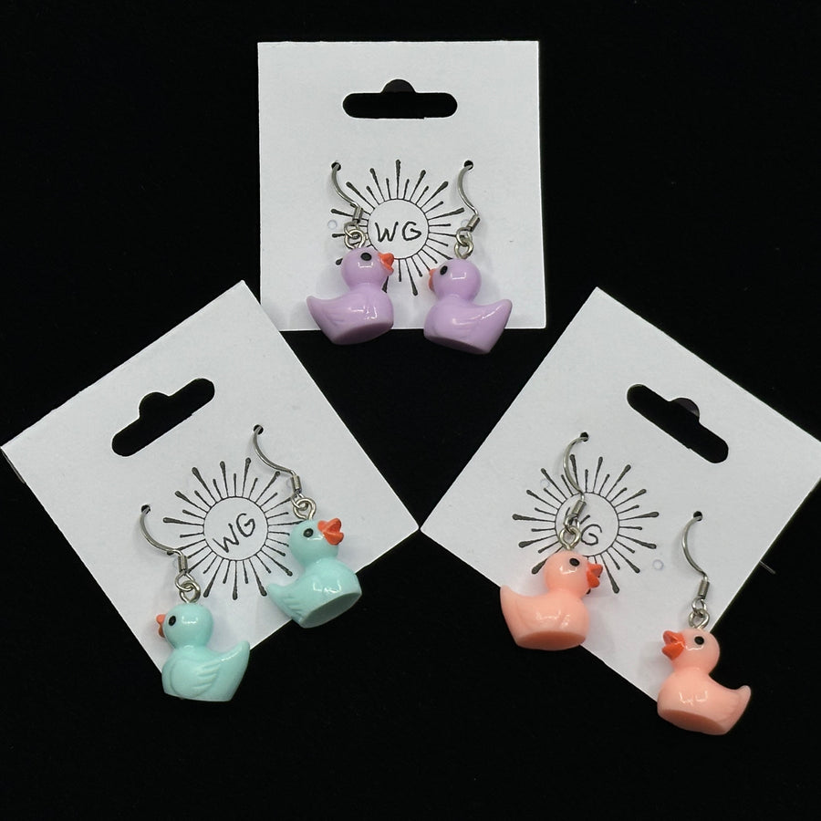 3 pairs of Duck Earrings with Stainless Steel Ear Wires by Woodland Goth Creations (assorted colors), on card