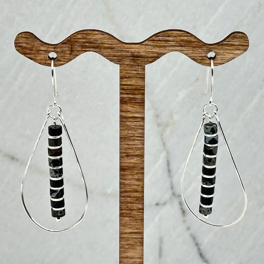 Pair of Bijou by Sam's Black Jasper and Silver Teardrop Hoop Earrings