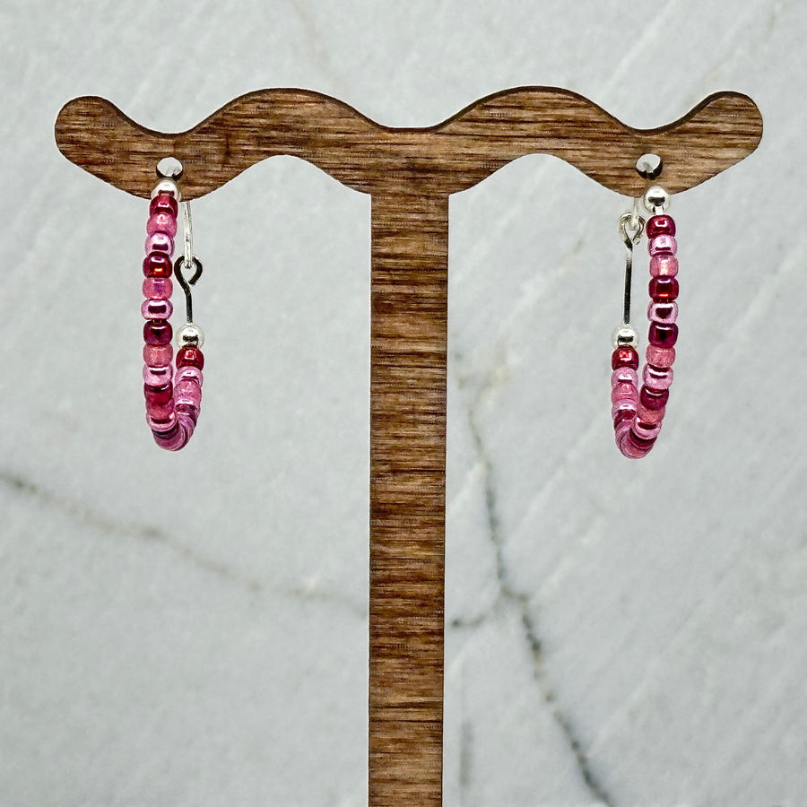 Pair of Bijou by Sam's Bright Pink and Sterling Silver Beaded Hoop Earrings