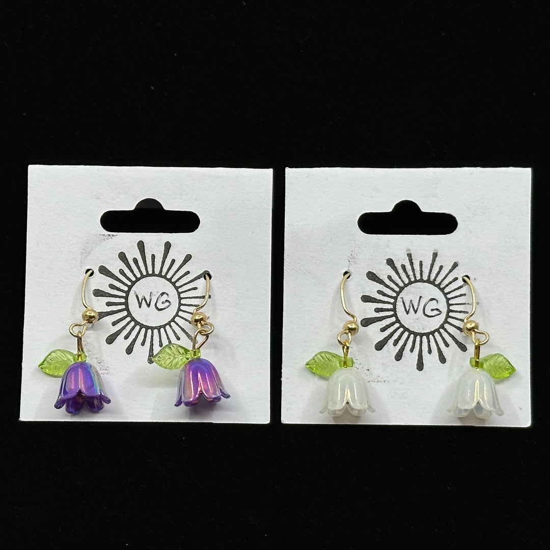 2 pairs of Iridescent Flower Earrings with iron ear wires by Woodland Goth Creations (assorted colors), on card