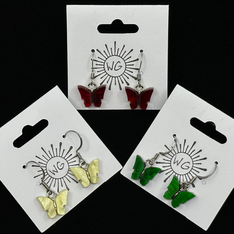 3 pairs of Butterfly Earrings with Stainless Steel Wires by Woodland Goth Creations (assorted colors), on cards