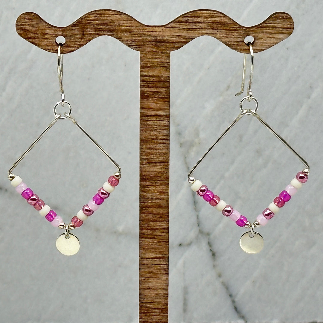 Pair of Bijou by Sam's Silver Square Hoop Earrings with Pink Beads and Silver Dangle