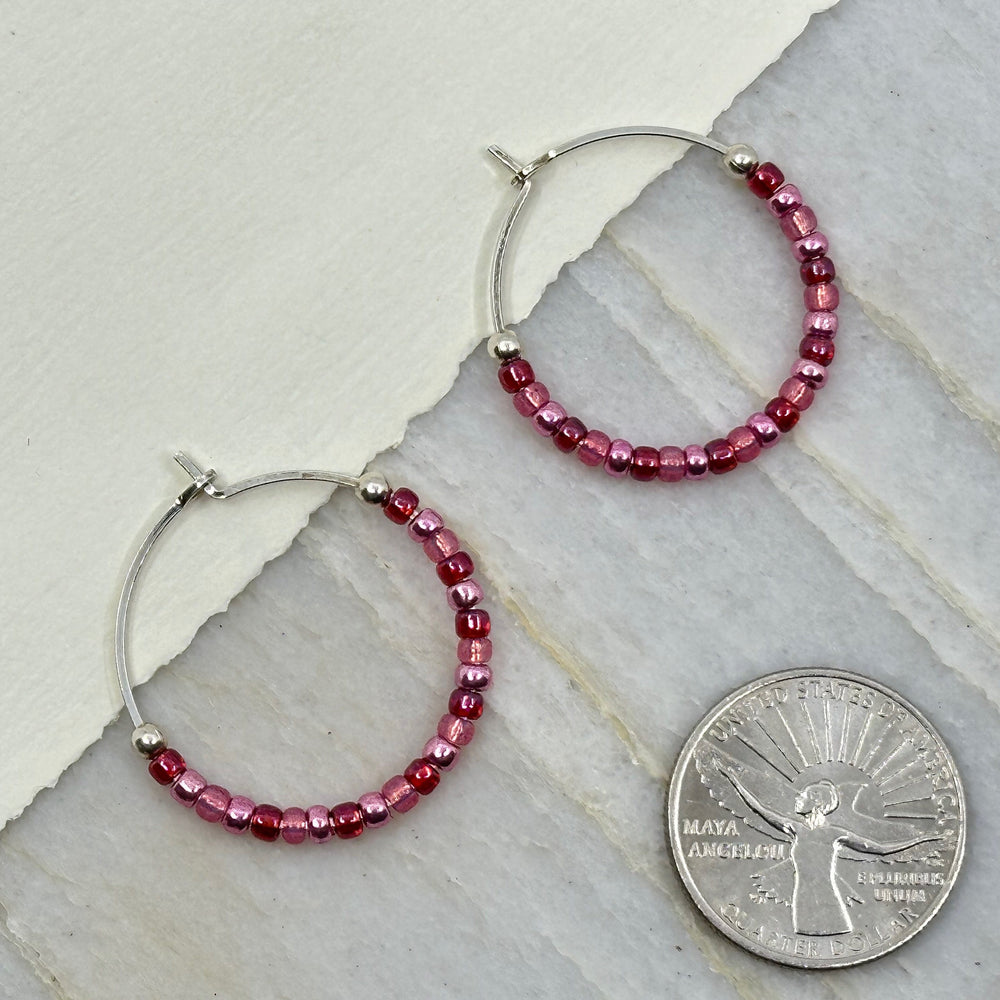 Pair of Bijou by Sam's Bright Pink and Sterling Silver Beaded Hoop Earrings, with scale