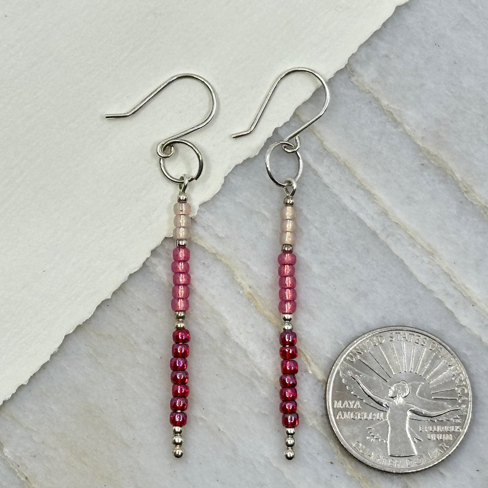 Pair of Bijou by Sam's Long Silver Dangle Earrings with Pink Seed Beads, with scale
