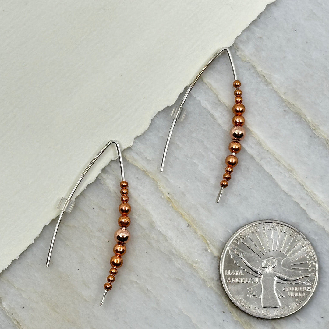 Pair of Bijou by Sam's Silver and Copper Threader Minimalist Earrings, with scale