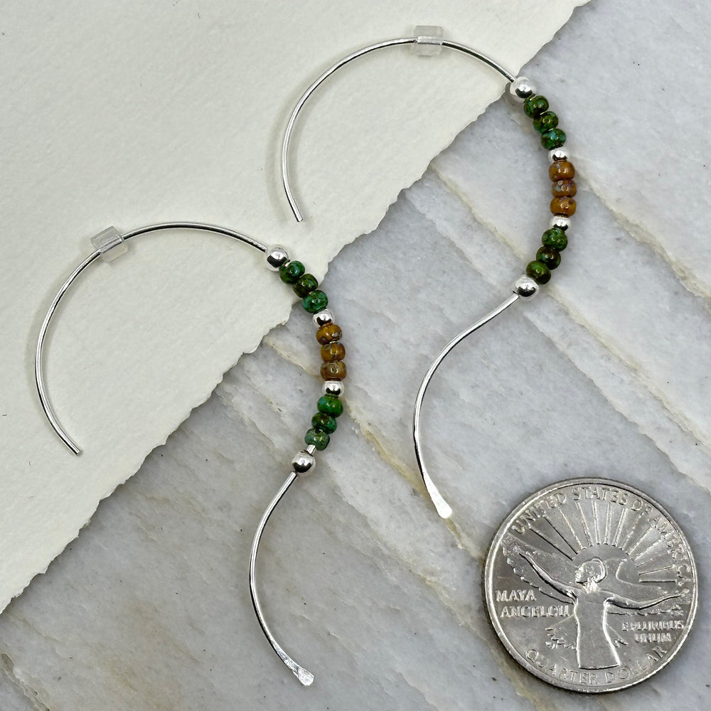 Pair of Bijou by Sam's Silver Open Hoop Earrings with Turquoise and Tan Beads, with scale