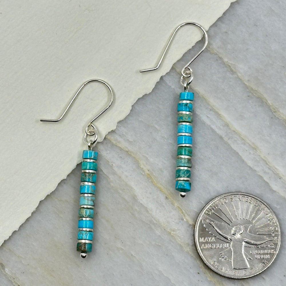 Pair of Bijou by Sam's Vibrant Blue Turquoise Dangle Boho Earrings, with scale