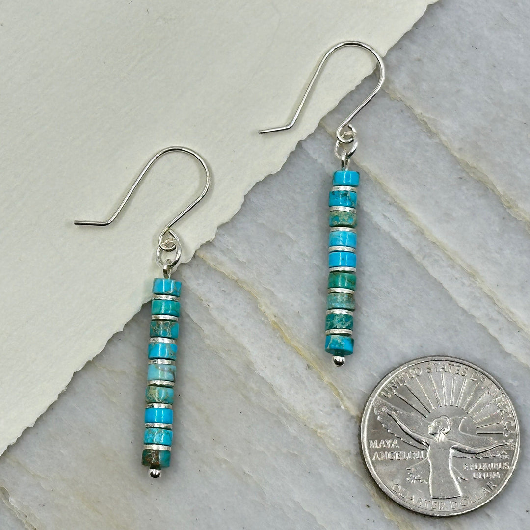 Pair of Bijou by Sam's Vibrant Blue Turquoise Dangle Boho Earrings, with scale