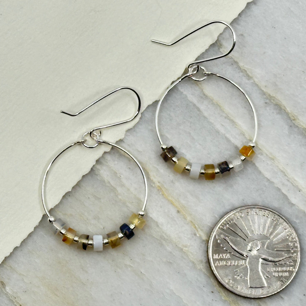 Pair of Bijou by Sam's Silver Hoop Earrings with Montana Agate Gemstones, with scale