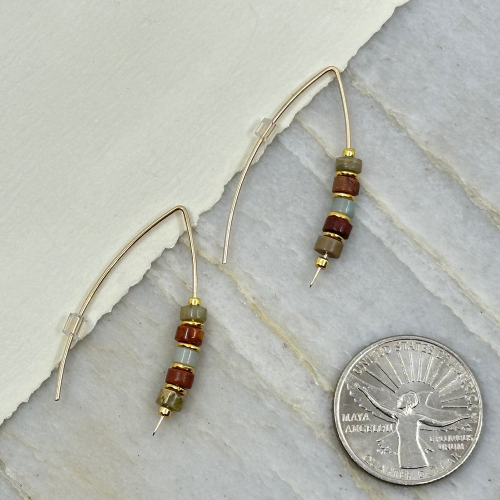 Pair of Bijou by Sam's Earth Tone Jasper and Gold Threader Earrings, with scale