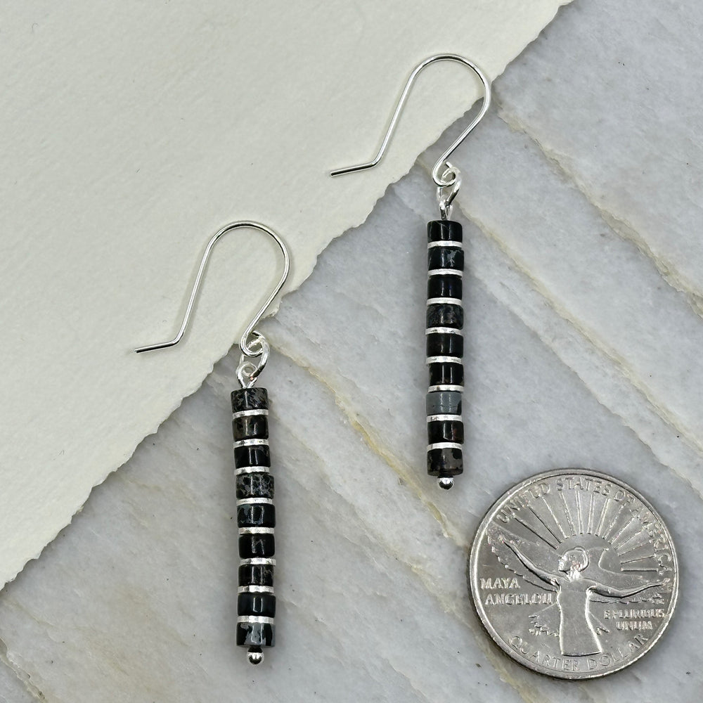 Pair of Bijou by Sam's Black and Gray Jasper Dangle Boho Earrings, with scale