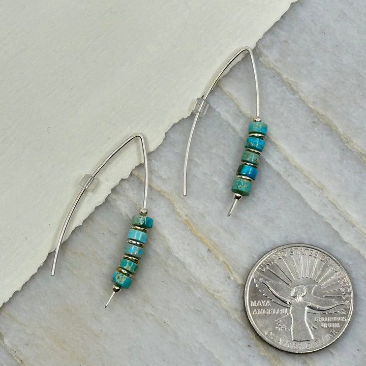 Pair of Bijou by Sam Modern Turquoise and Sterling Silver Threader Earrings, with scale