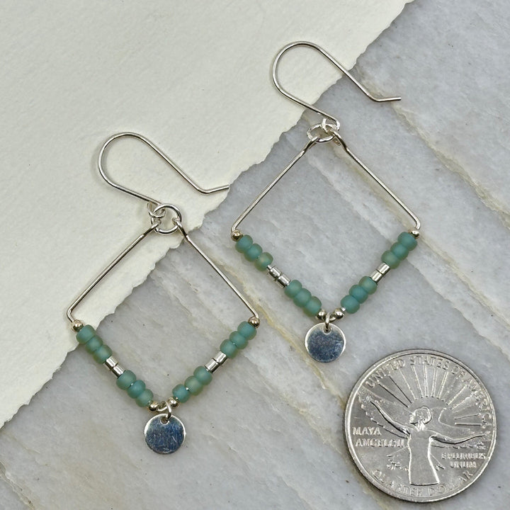 Pair of Bijou by Sam's Silver Square Hoop Earrings with Sea Glass Beads, with scale