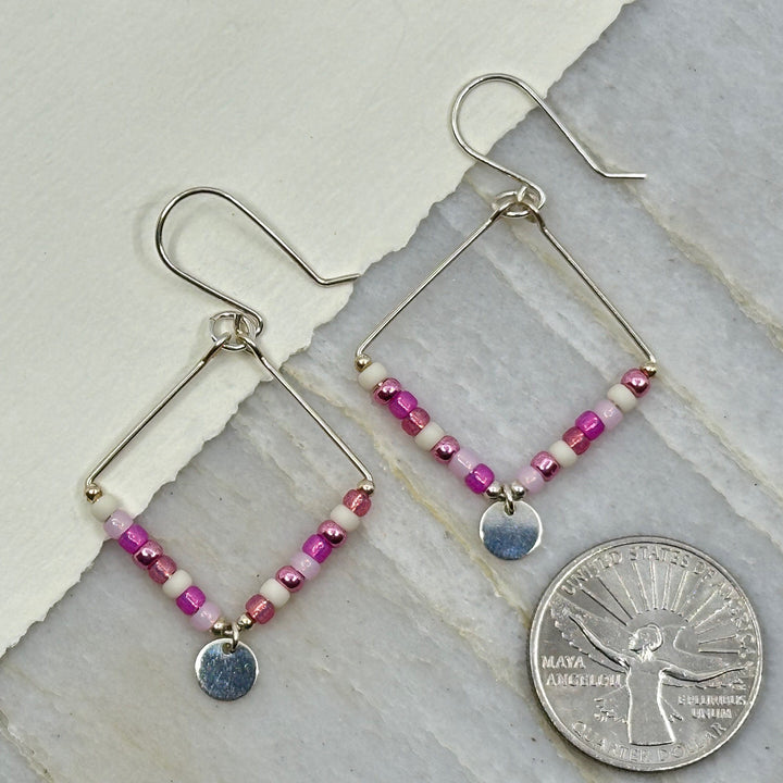 Pair of Bijou by Sam's Silver Square Hoop Earrings with Pink Beads and Silver Dangle, with scale