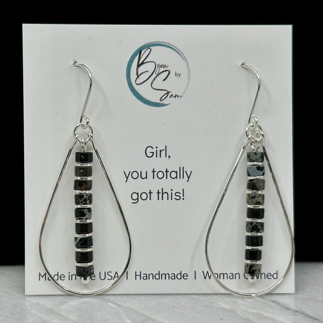 Pair of Bijou by Sam's Black Jasper and Silver Teardrop Hoop Earrings, on card