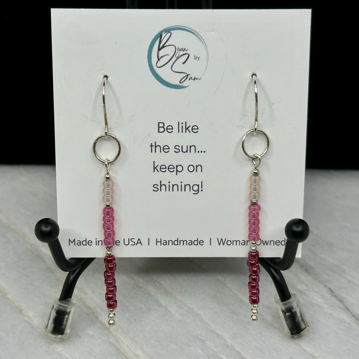 Pair of Bijou by Sam's Long Silver Dangle Earrings with Pink Seed Beads, on card