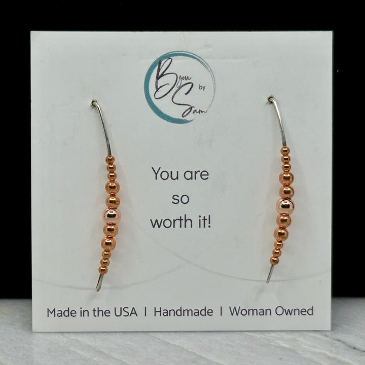 Pair of Bijou by Sam's Silver and Copper Threader Minimalist Earrings, on card