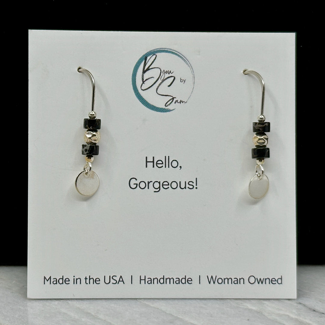 Pair of Bijou by Sam's Small Sterling Silver and Black Jasper Dangle Earrings, on card