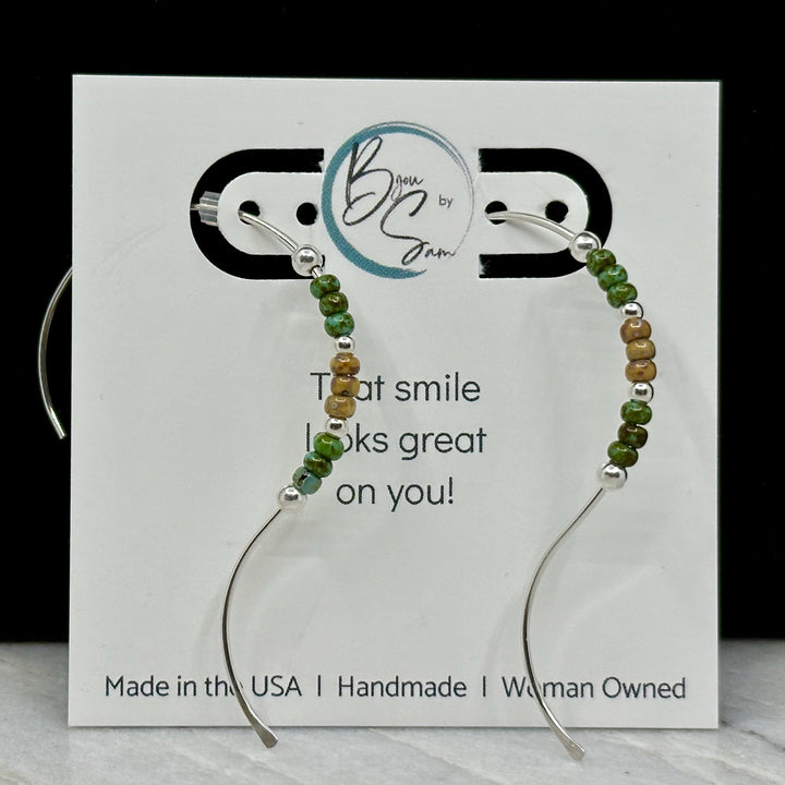 Pair of Bijou by Sam's Silver Open Hoop Earrings with Turquoise and Tan Beads, on card