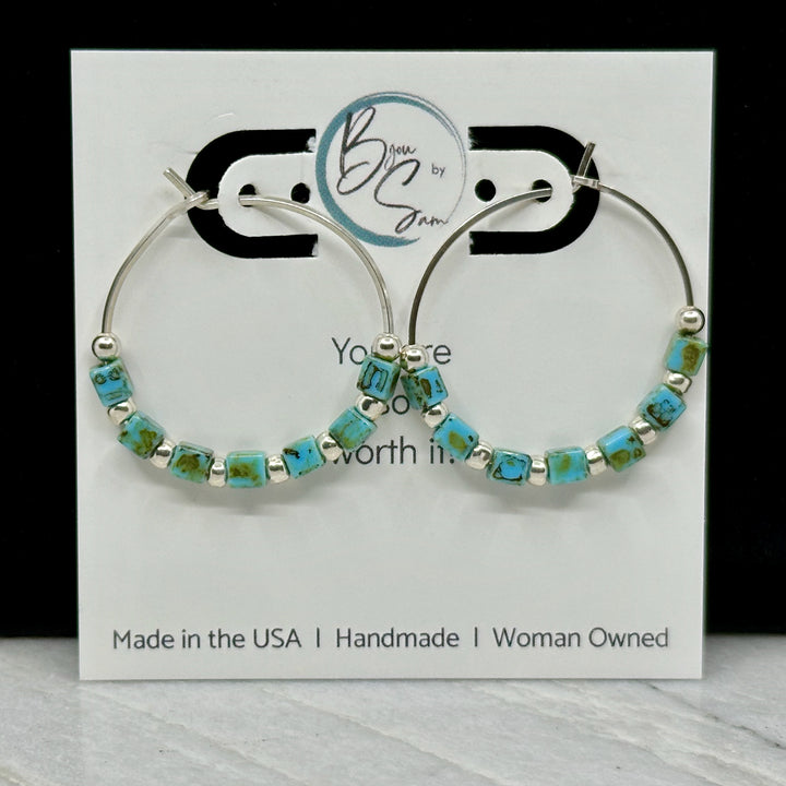 Pair of Bijou by Sam's Turquoise and Sterling Silver Beaded Hoops, on card