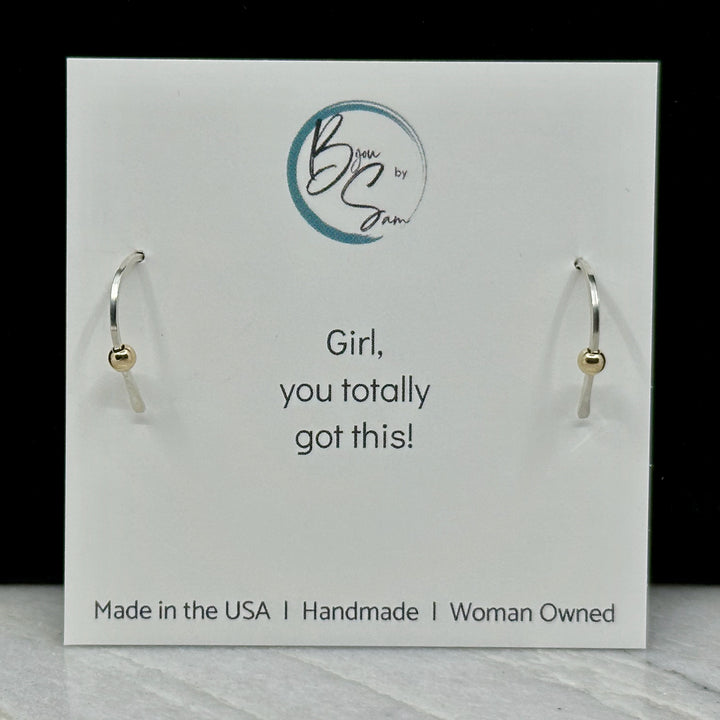 Pair of Bijou by Sam's Tiny Silver and Gold Hugger Earrings, on card