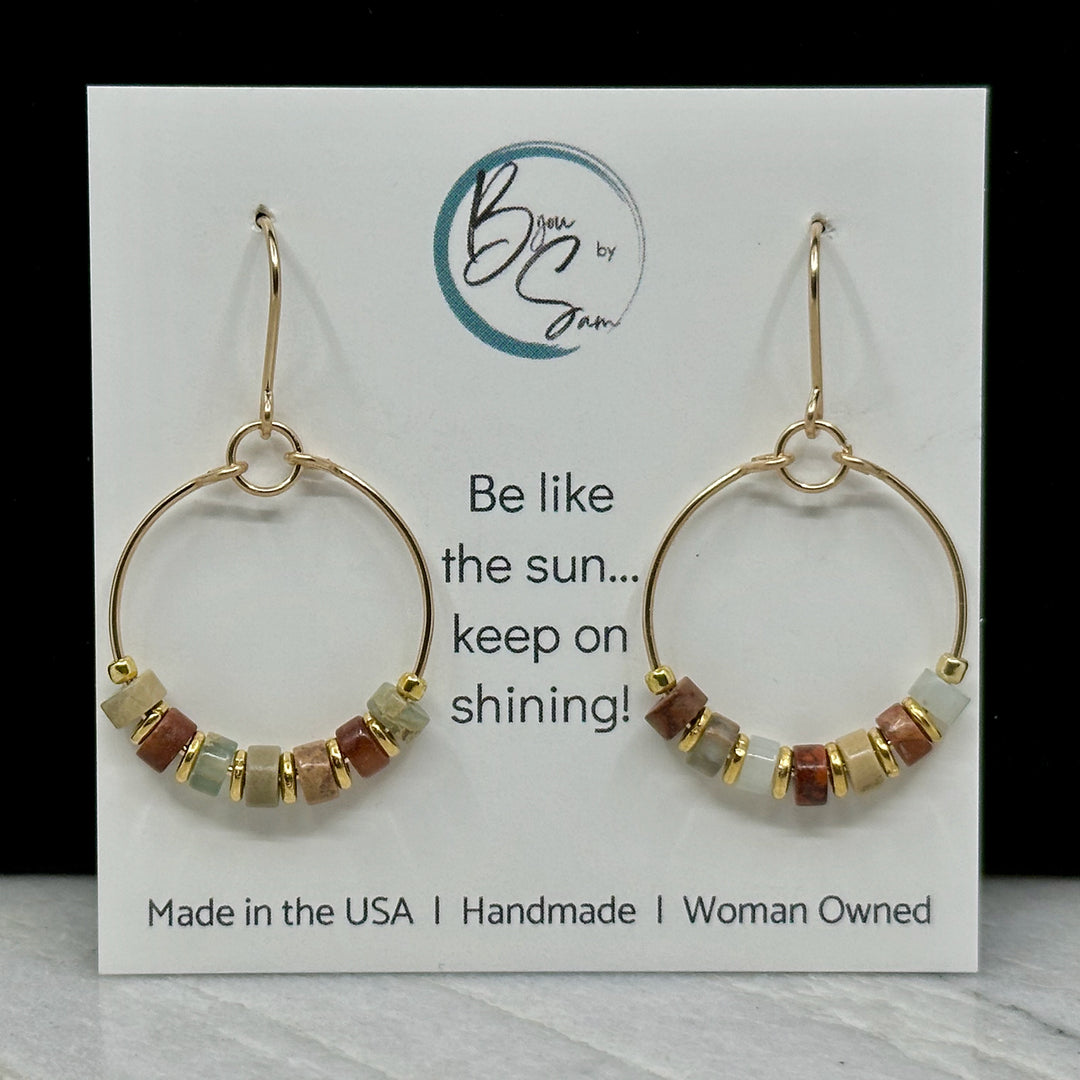 Pair of Bijou by Sam Gold Hoop with Earth Tone Jasper Earrings, on card