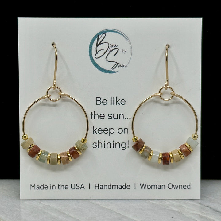 Pair of Bijou by Sam Gold Hoop with Earth Tone Jasper Earrings, on card