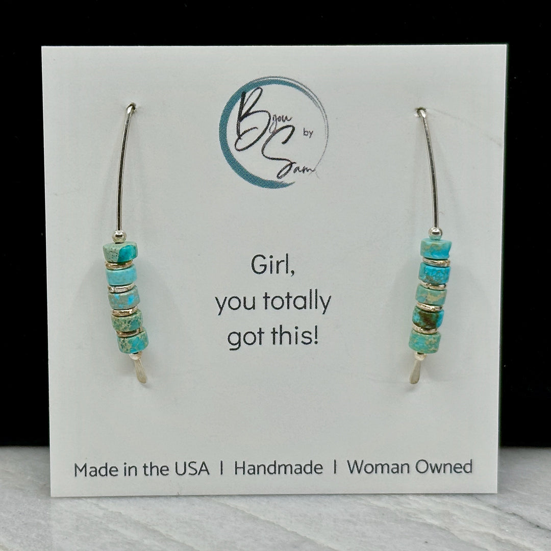 Pair of Bijou by Sam Modern Turquoise and Sterling Silver Threader Earrings, on card