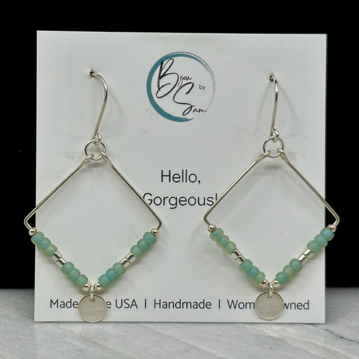 Pair of Bijou by Sam's Silver Square Hoop Earrings with Sea Glass Beads, on card