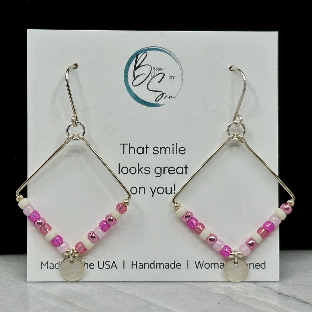 Pair of Bijou by Sam's Silver Square Hoop Earrings with Pink Beads and Silver Dangle, on card