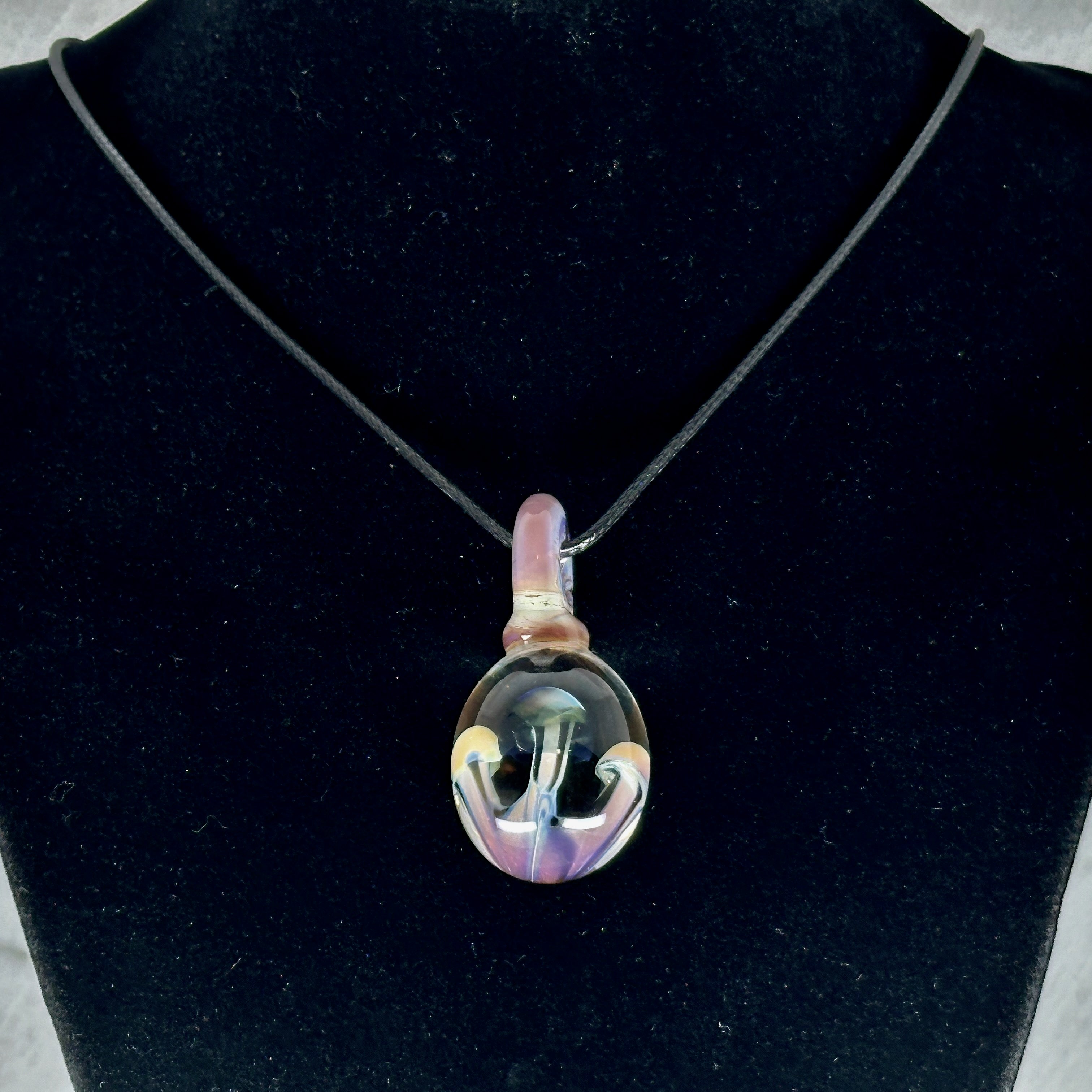 Hand Blown Mushroom Pendant Single Mushy BlkCap Tan