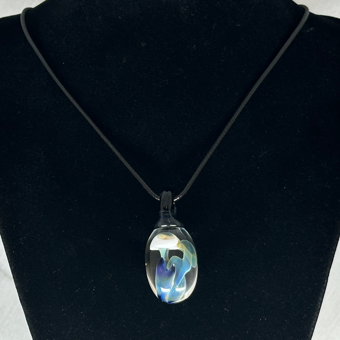 Hand Blown Mushroom Pendant (borosilicate lampwork) by Blue Flame Glass on cord (2 mushrooms, white cap and blue), hanging