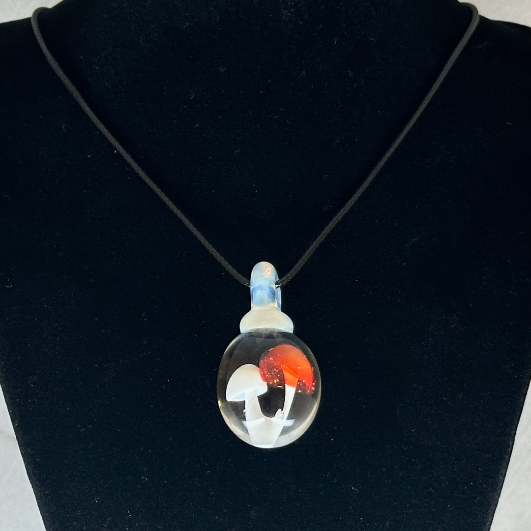 Hand Blown Mushroom Pendant (borosilicate lampwork) by Blue Flame Glass on cord (2 mushrooms, white cap and red cap), hanging