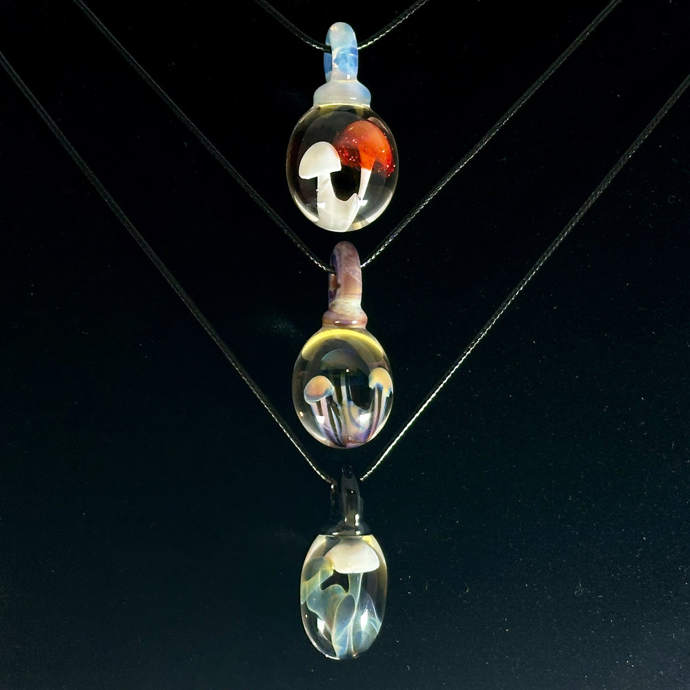 3 Hand Blown Mushroom Pendants (borosilicate lampwork) by Blue Flame Glass on cord (assorted colors)