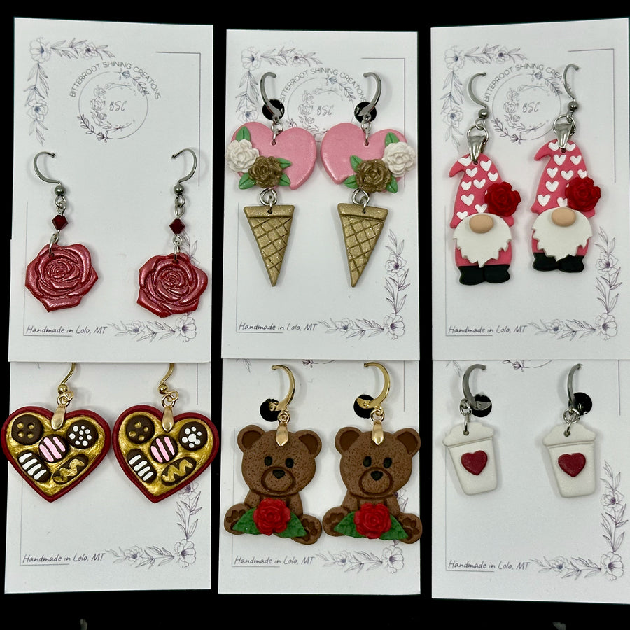 6 pairs of Bitterroot Shining Creations' Valentine Earrings (assorted styles), on cards