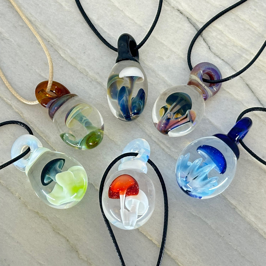 Hand Blown Mushroom Pendant (borosilicate lampwork) by Blue Flame Glass on cord (assorted colors)