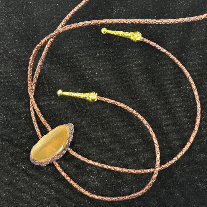 A polished agate bolo tie on a leather cord with metal tips