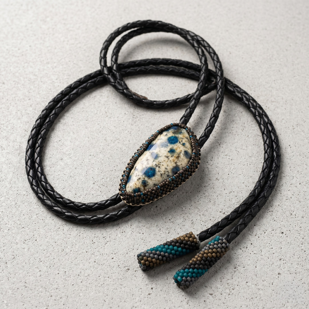 Black braided leather necklace with a stone pendant on a light gray surface