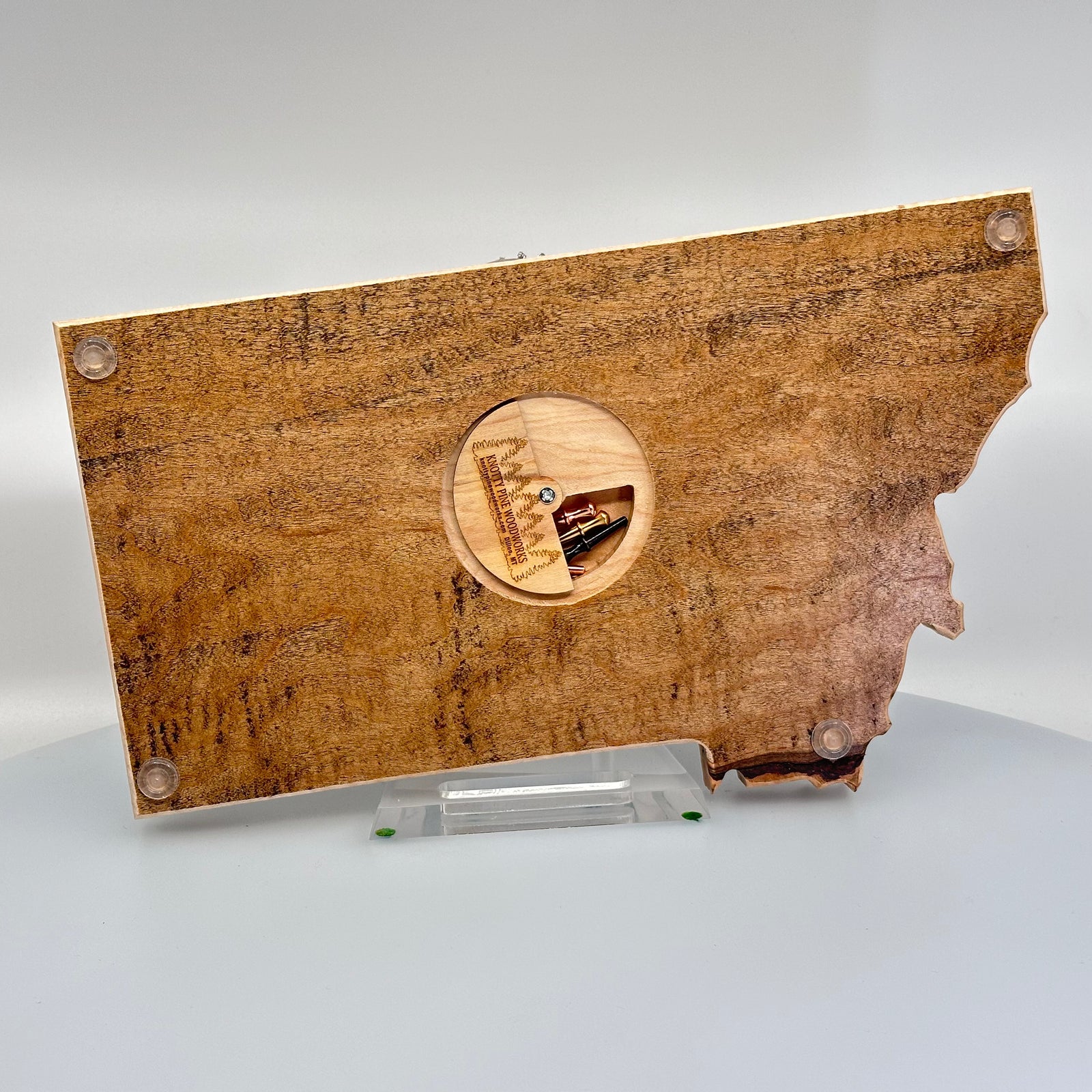 Knotty Pine Woodworks Handmade Montana Bison Cribbage Board (light expresso with natural wood accents, back)—this handmade wooden cribbage board is the perfect Montana-made gift for game lovers and adventurers. The back has a hidden slot where the pegs live.