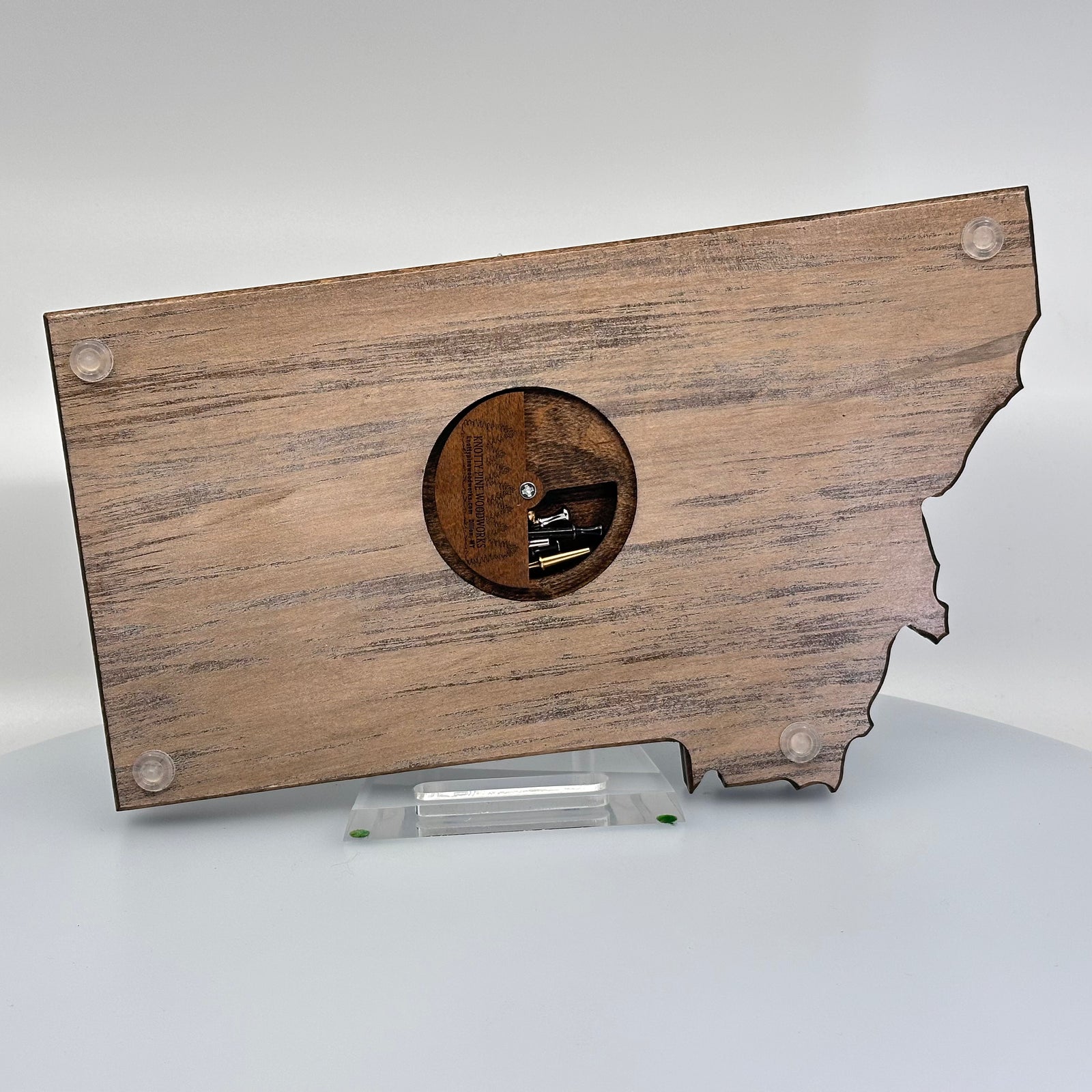 Knotty Pine Woodworks Handmade Montana Moose Cribbage Board Barn Wood (back)—this handmade wooden cribbage board is the perfect Montana-made gift for game lovers and adventurers. The back features a compartment for storing metal pegs.