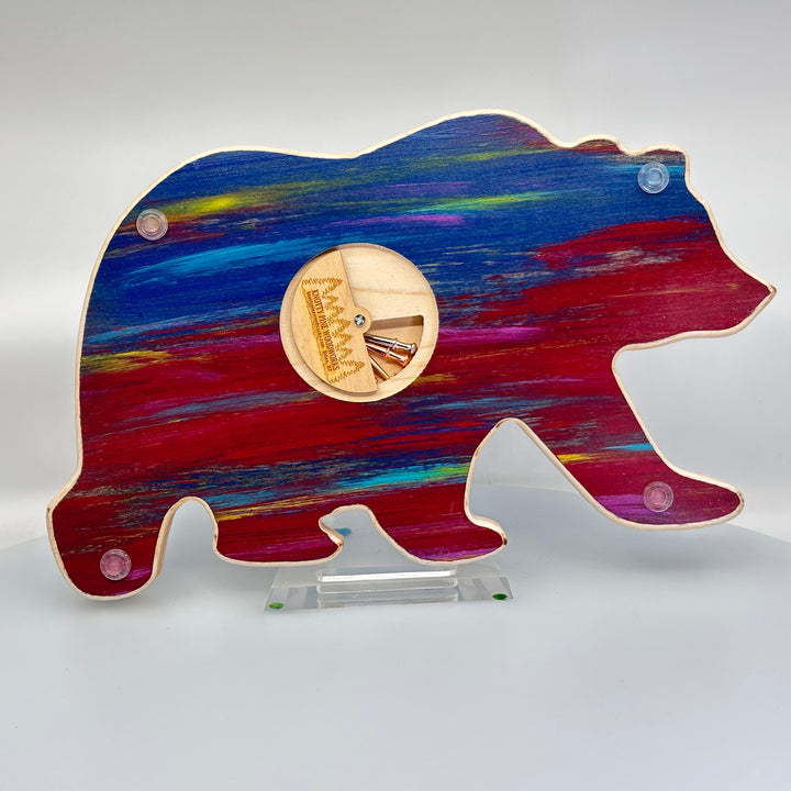 Knotty Pineworks Bear Cribbage Board with Montana Wildflowers (sunset tones with light accents)—this handmade wooden cribbage board is the perfect Montana-made gift for game lovers and adventurers 