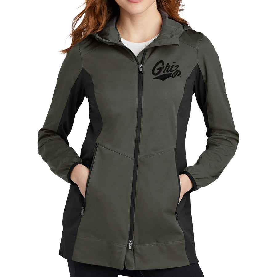 Blue Peaks Creative's grey and black Ladies' Active Hooded Soft Shell Jacket with the Griz Script design