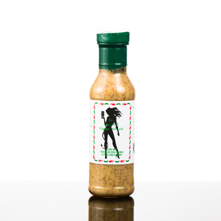 13 fl oz bottle of Vi's Spicy Dill Dippin' Mustard, front