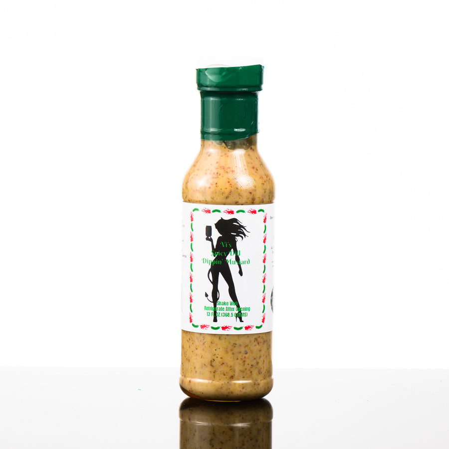 13 fl oz bottle of Vi's Spicy Dill Dippin' Mustard, front