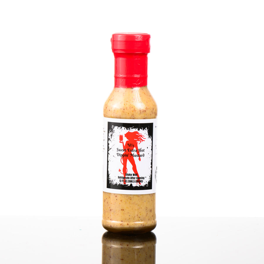 13 fl oz bottle of Vi's Sweet Extra Hot Dippin Mustard, front