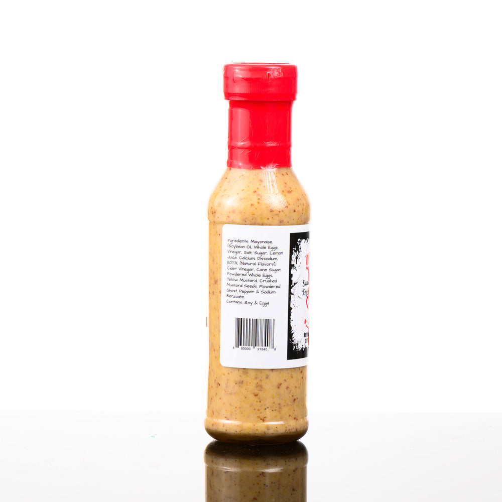 13 fl oz bottle of Vi's Sweet Extra Hot Dippin Mustard, ingredients