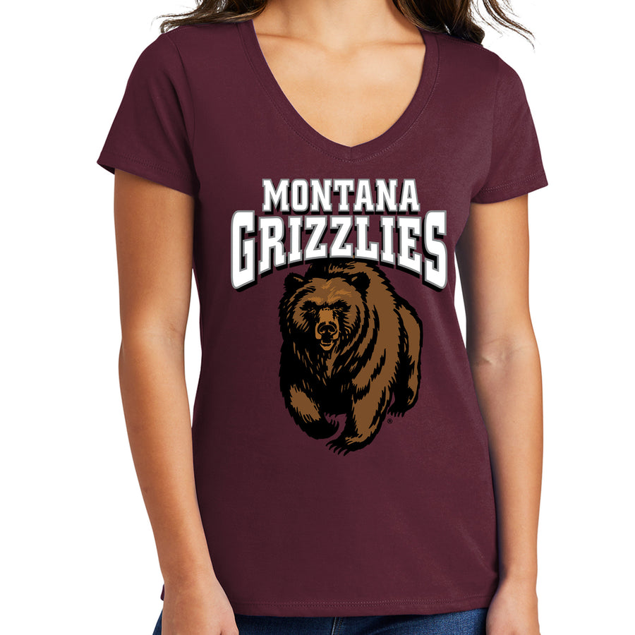Blue Peak Creative's maroon ladies' V-neck T-shirt printed with the University of Montana Grizzlies' iconic, charging bear logo