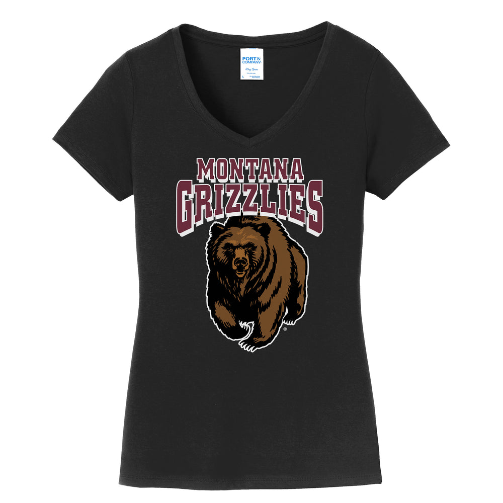 Blue Peak Creative's black ladies' V-neck T-shirt printed with the University of Montana Grizzlies' iconic, charging bear logo